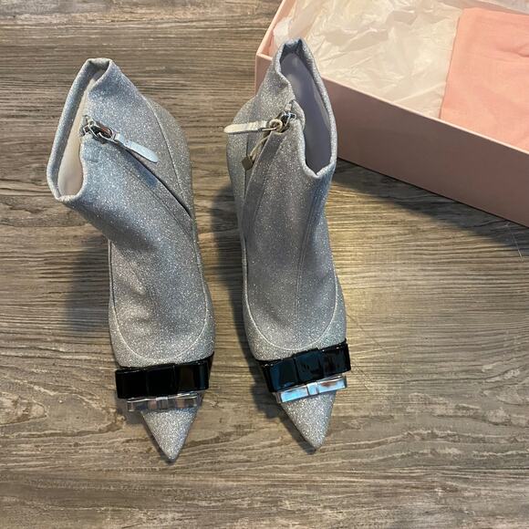 Sophia Webster Andie Bow Mid Heel Stretch Leather Glitter Fabric Ankle Booties - Picture 7 of 16